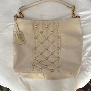 Badgley Mischka Genuine Leather Beige and Gold Embellished Shoulder Bag